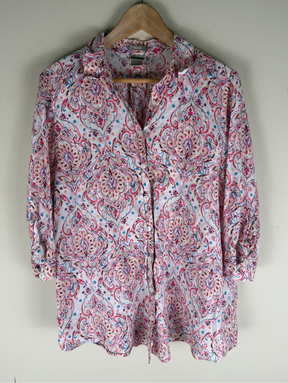 Chico's Women's Shirt Sz 16 Pink Paisley Linen No Iron Button Down 3/4 Sleeve